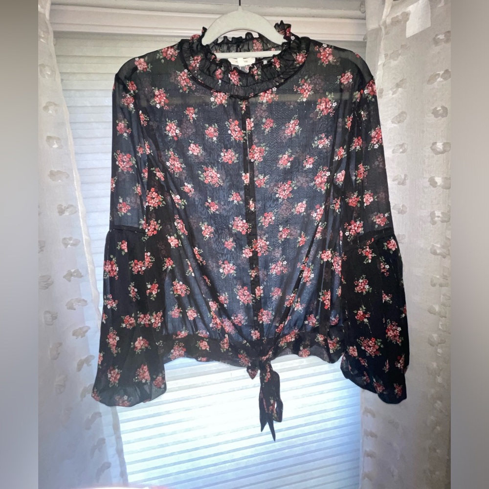 Maurice’s-sheer floral blouse w/ key hole neckline, balloon sleeves, tie front
